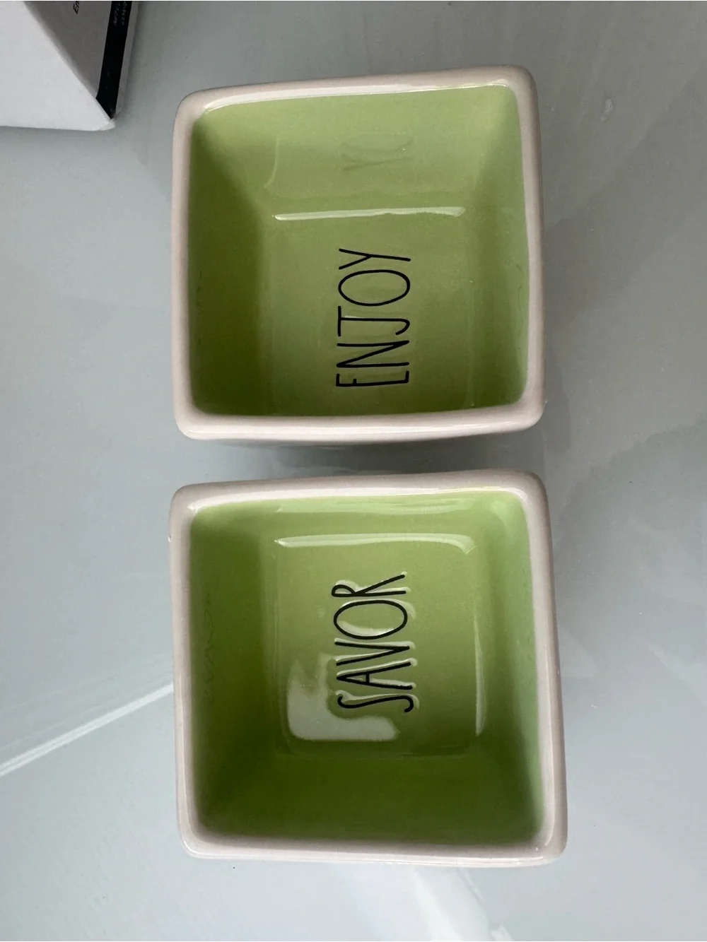 Rae Dunn Green White Ceramic Square Bowl with Black Script Savor Enjoy Boxed Set